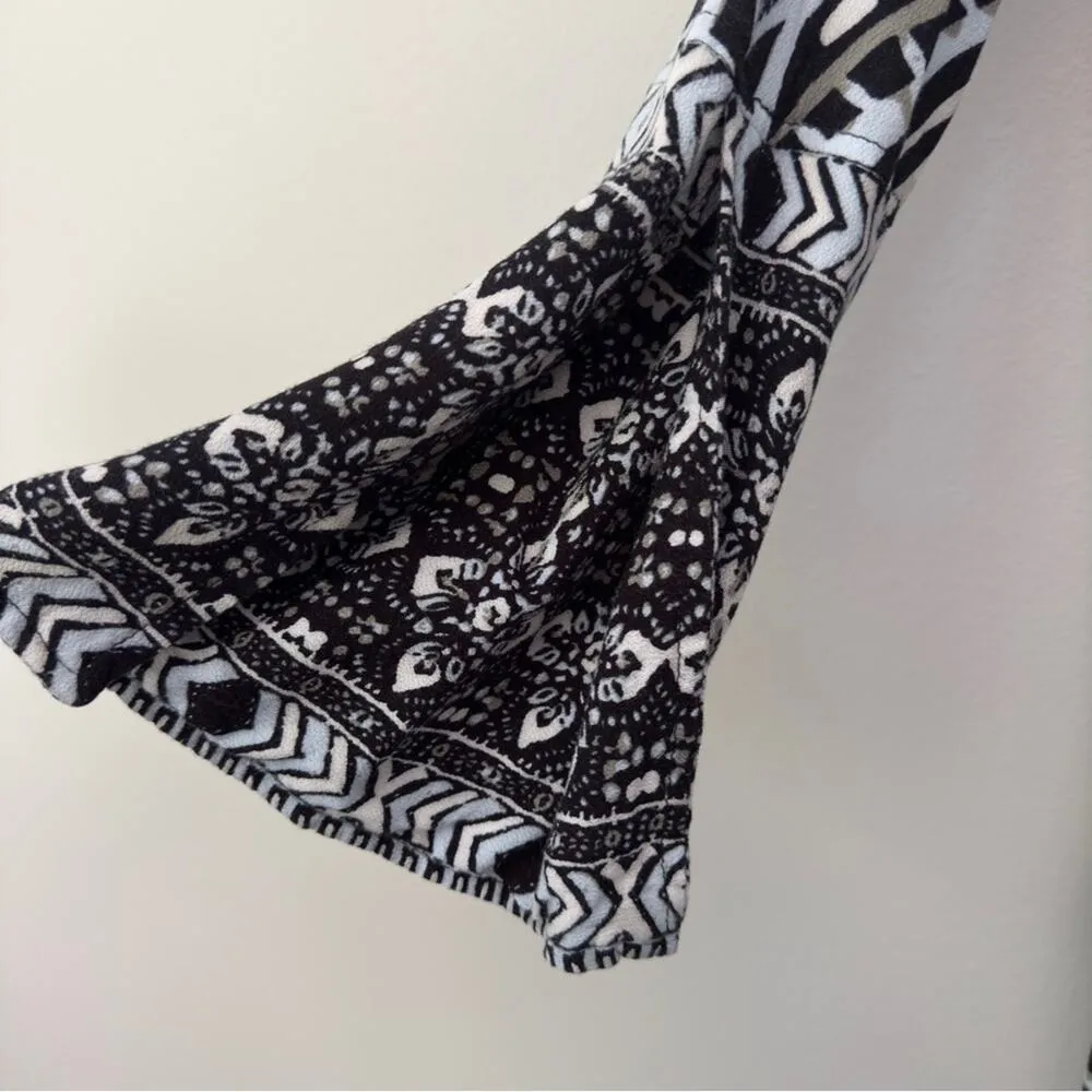 Free People Tegan Border Print Mini Dress Long Bell Sleeves Cutout V-Neck A-Line - Image 8