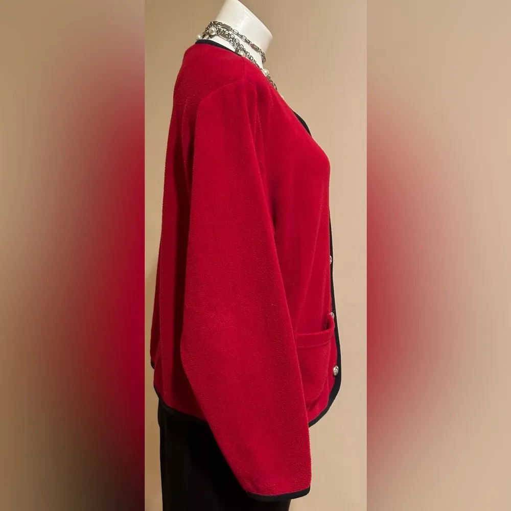 L.L. Bean Vintage Red Fleece  Button Up Sweater With Black Stripe Edge S… - Image 5