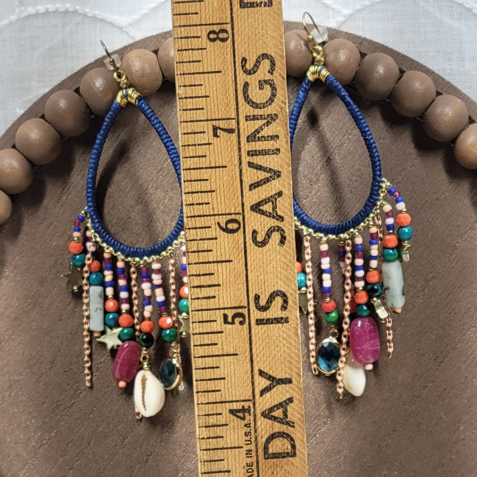 Boho Coral Shell Dangle Earrings Women Coastal Eclectic Beaded Multi Color Blue - Image 13