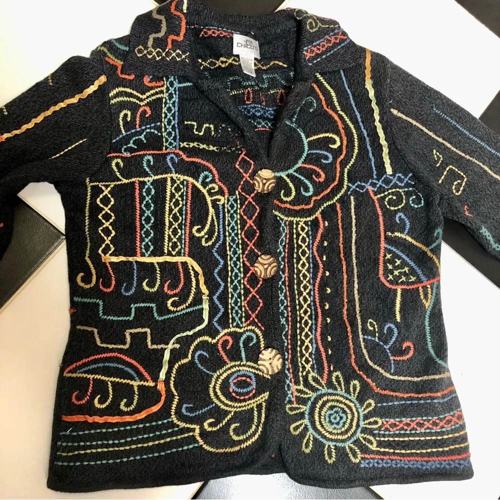 Vintage 90s Chico’s Embroidered Cardigan Sweater Jacket Abstract Colorful Artsy - Image 2