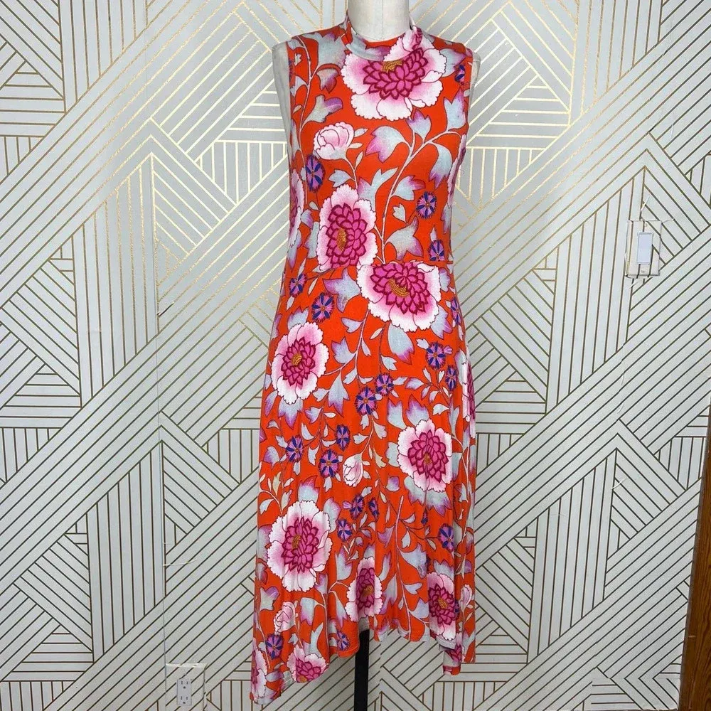 Anthropologie Maeve Cleary Dress Floral Mock Neck Jersey Orange‎ Red Size Small - Image 3