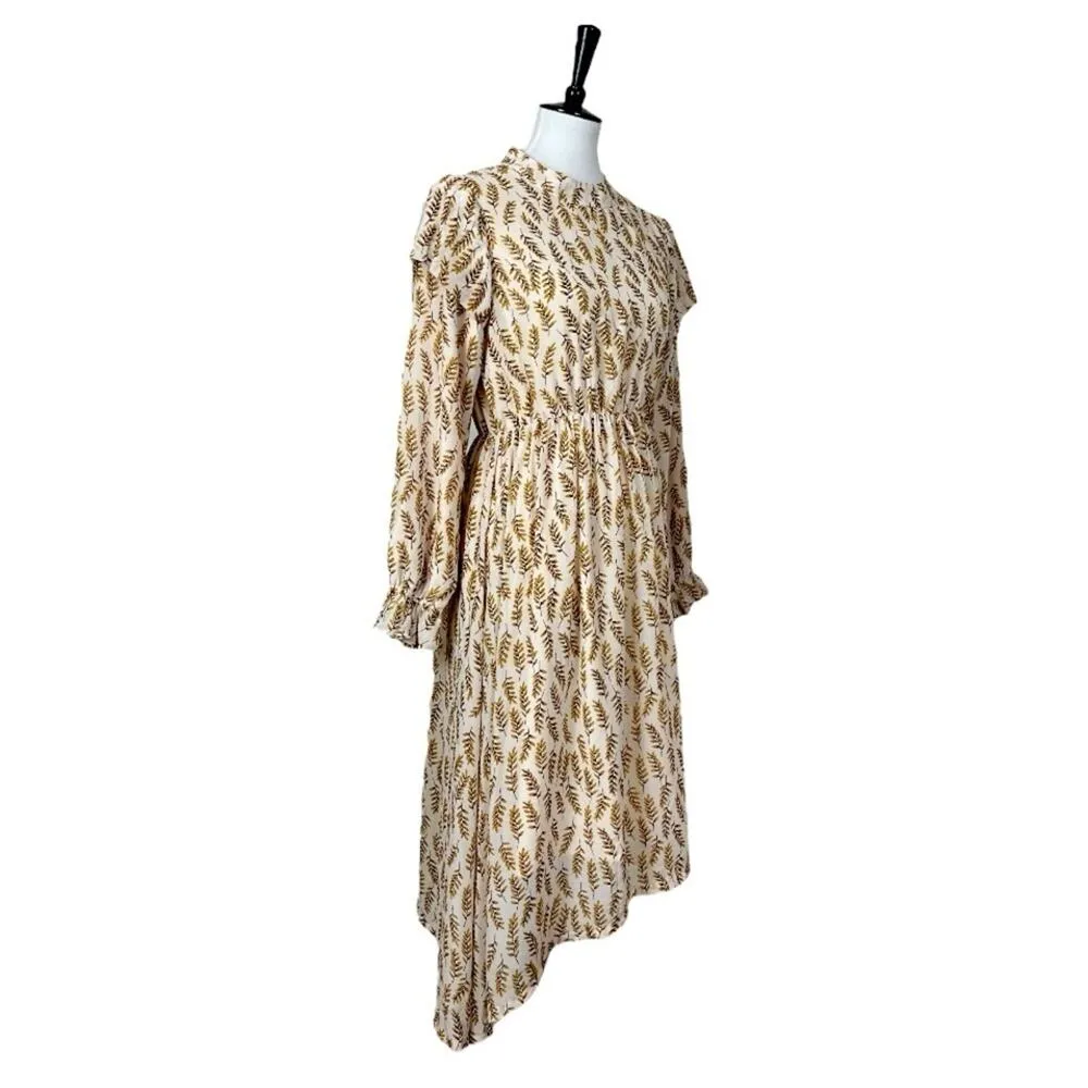 Mikarose Dress Asymmetrical Blouson Waist Cream Leaf Print Women’s Size Medium M - Image 2