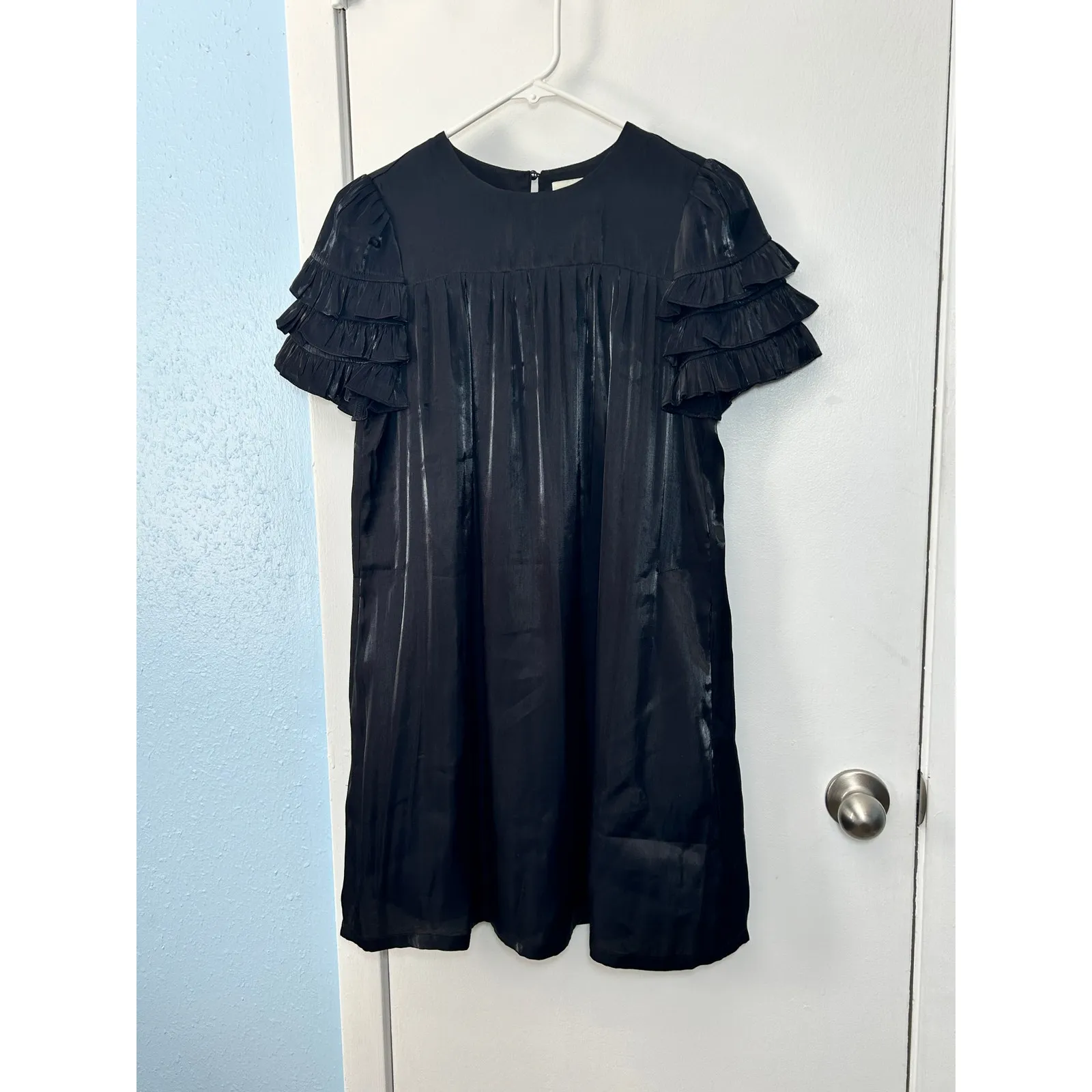 Pinch Mini Dress Small Black Satin Ruffled Sleeve Wedding Guest Whimsigoth - Image 2