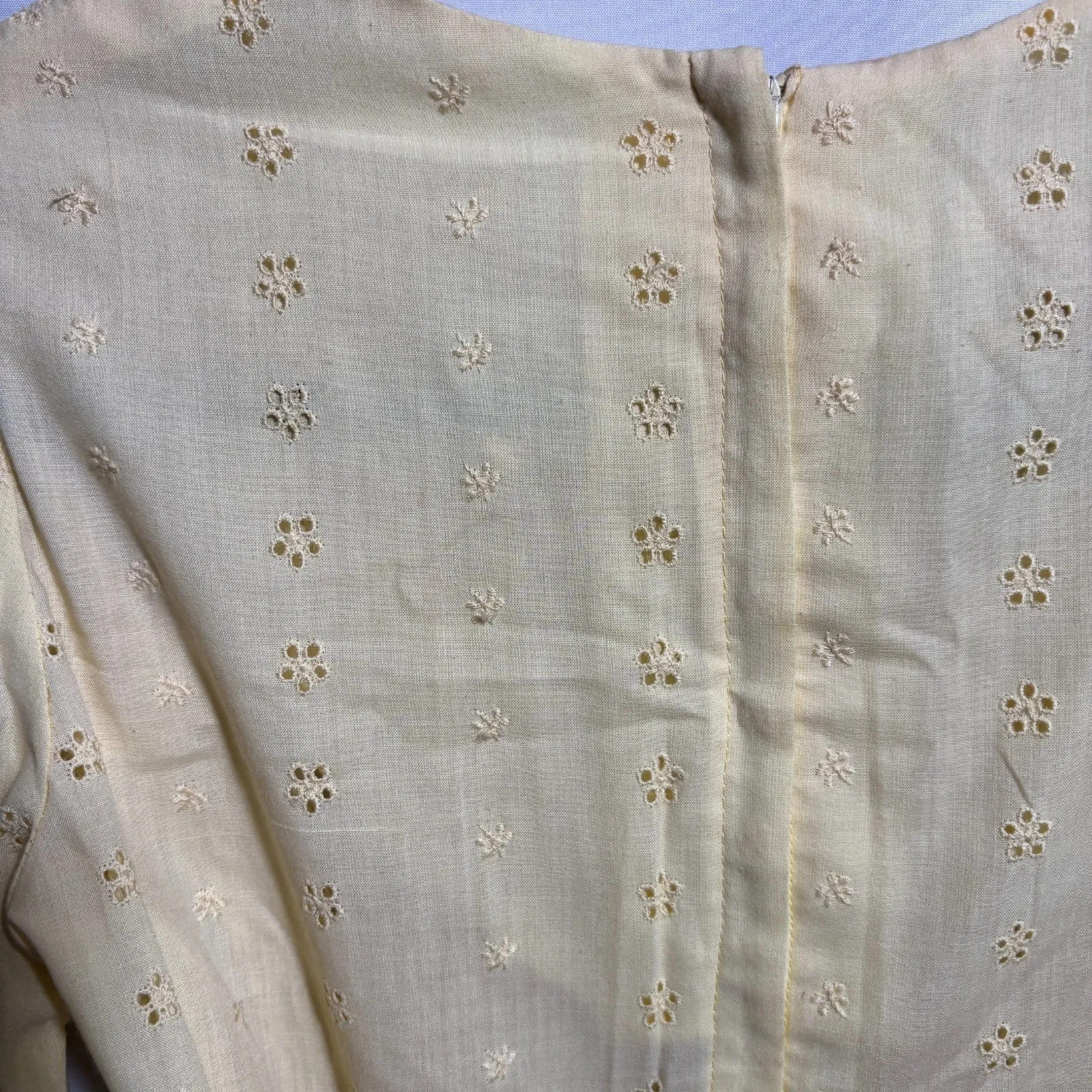 Vintage Yellow Prairie Cottage Core Maxi‎ Dress Eyelet Smocked Long Puff Sleeve Size XS - Image 8