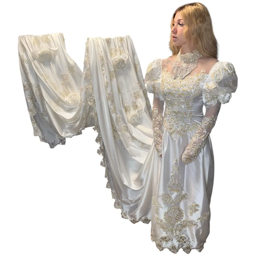 Vtg 80s Beaded Alfred Angelo Satin Lace White Long Slv Wedding Dress 12ft Train - Image 2