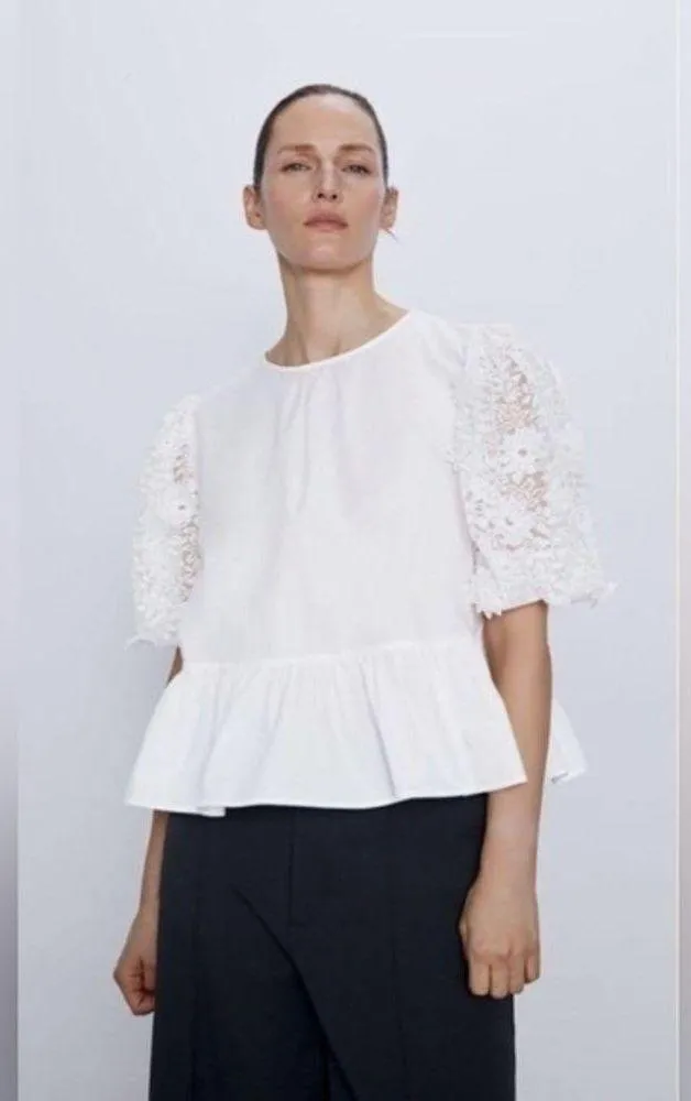 oyster white poplin peplum‎ blouse with contrast lace puff sleeves - Image 3