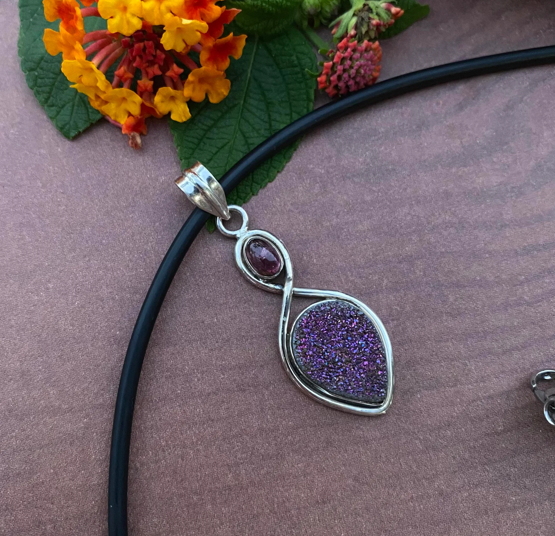 Titanium Aura Druzy & Pink tourmaline pendant Purple - Image 4