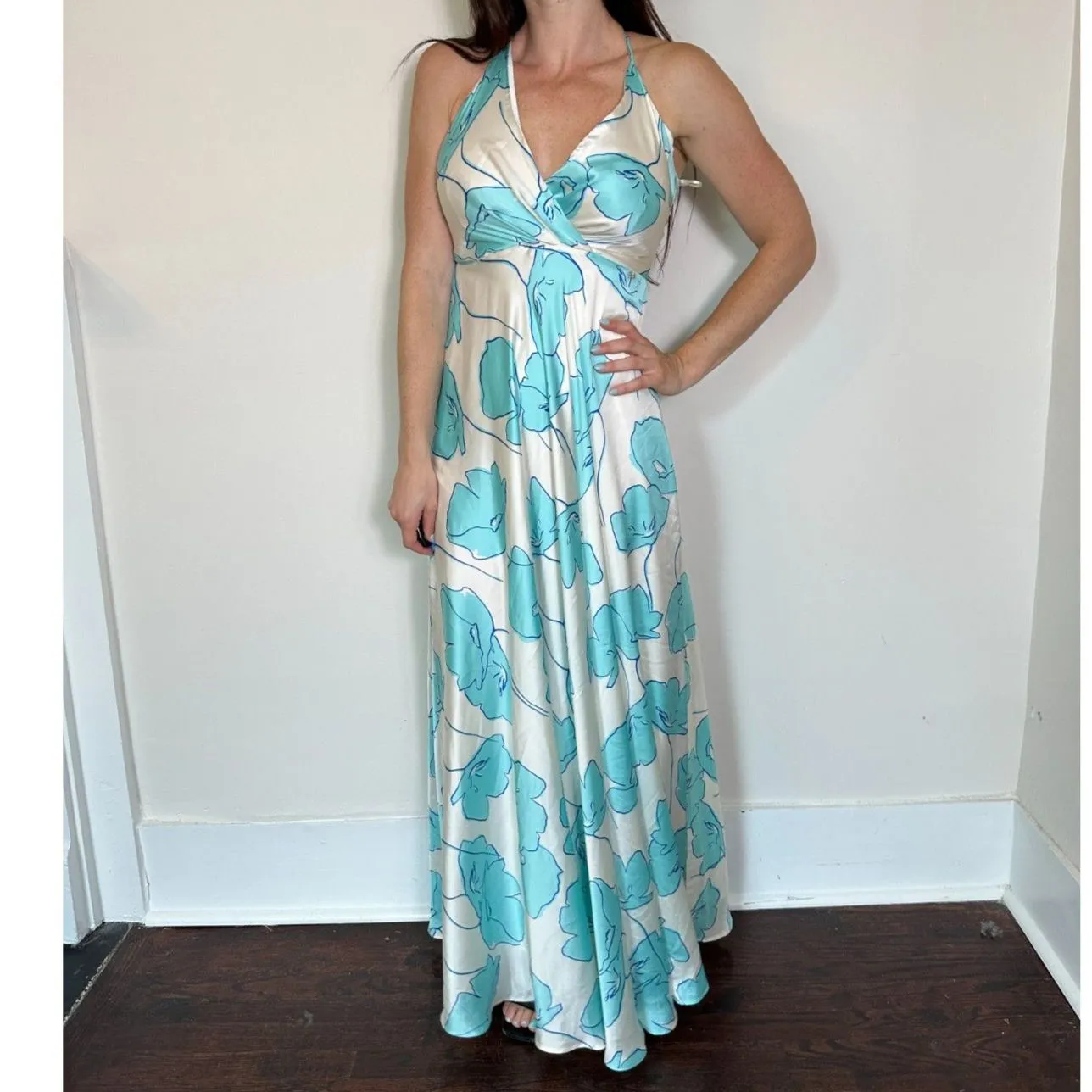 Artigli White Blue Floral Satiny Maxi Dress fits Like Size 2 NWT - Image 2