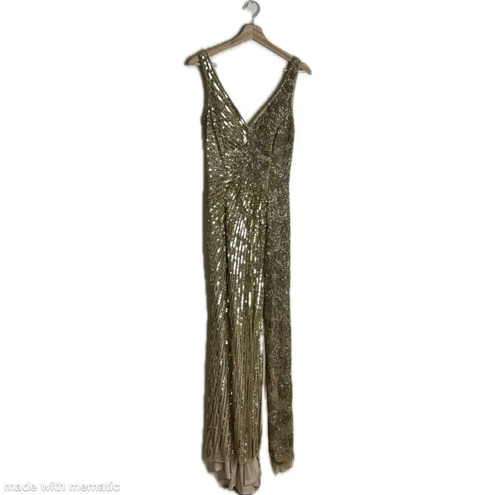 BEADED embellished FLORAL SLEEVELESS GOWN in gold with slit size 2 - Image 2