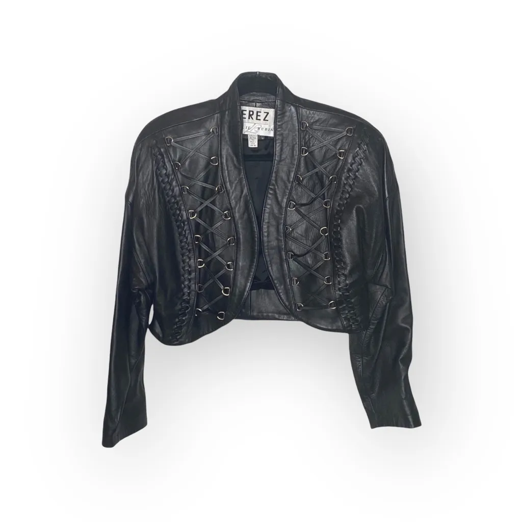 Vintage 90s Y2K: Erez x Lillie Rubin ☻︎ Whip Stitch Leather Jacket ☻︎ Black Gold Size M - Image 4