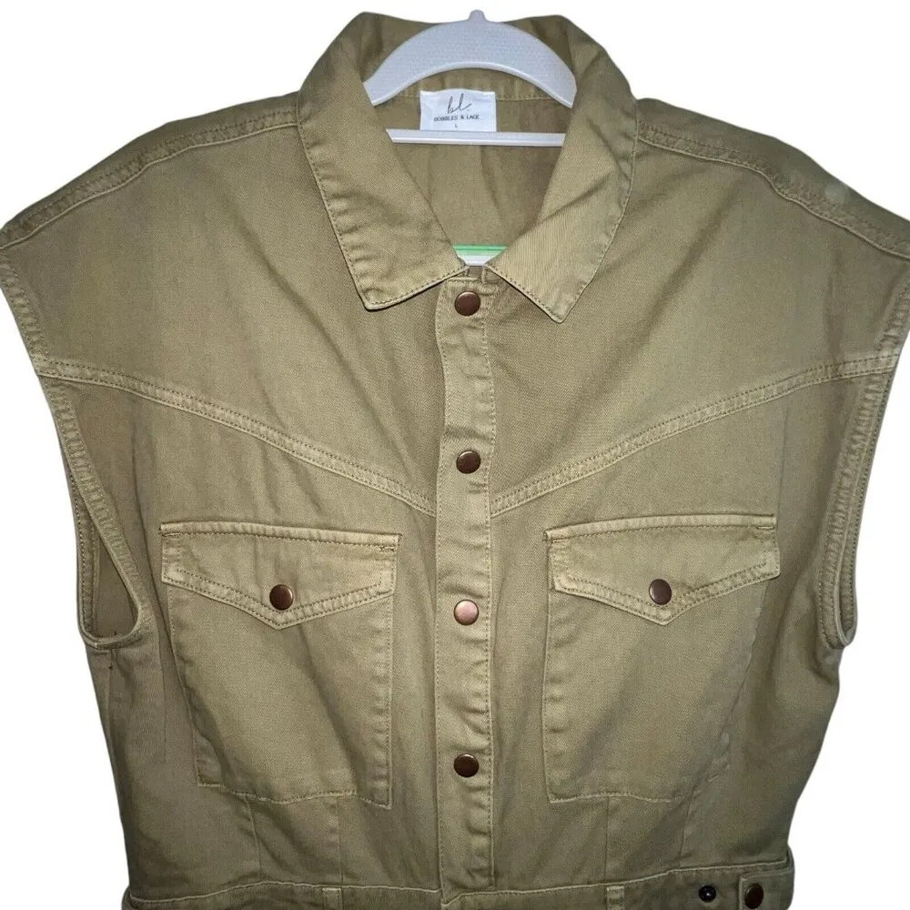 BOBBLES AND LACE WOMEN TAN DENIM JUMPSUIT SLEEVELESS WOMEN‎ LARGE SNAP POCKETS - Image 6