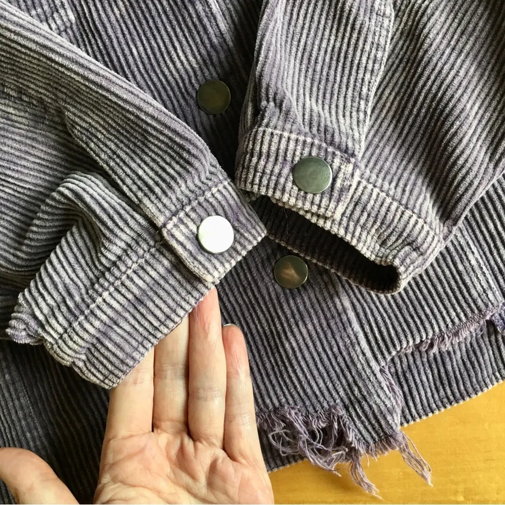 Cropped Corduroy Shacket, Distressed Hem, Lilac, Purple, Size S - Image 10