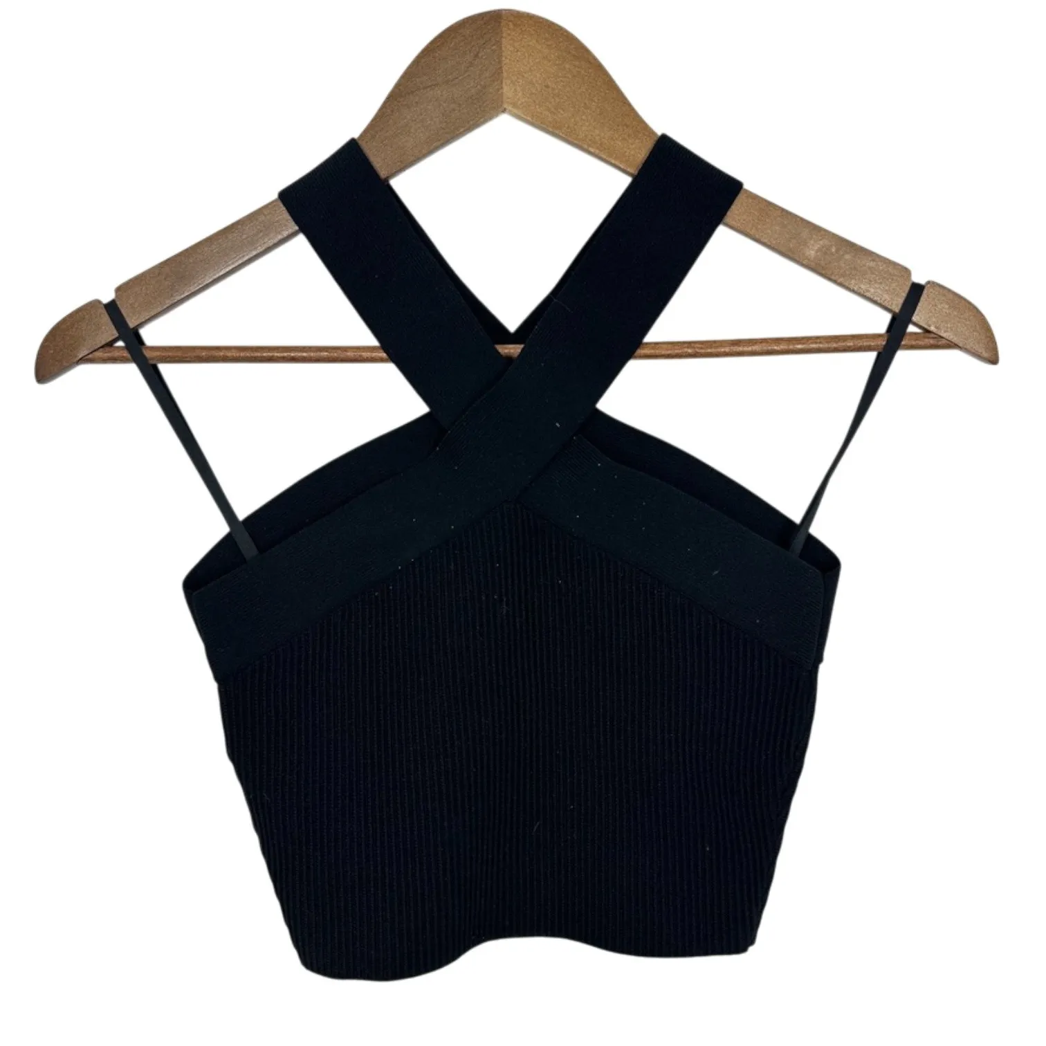 Babaton Black Ribbed Sculpt Knit Crisscross Halter Crop Top Size S - Image 2