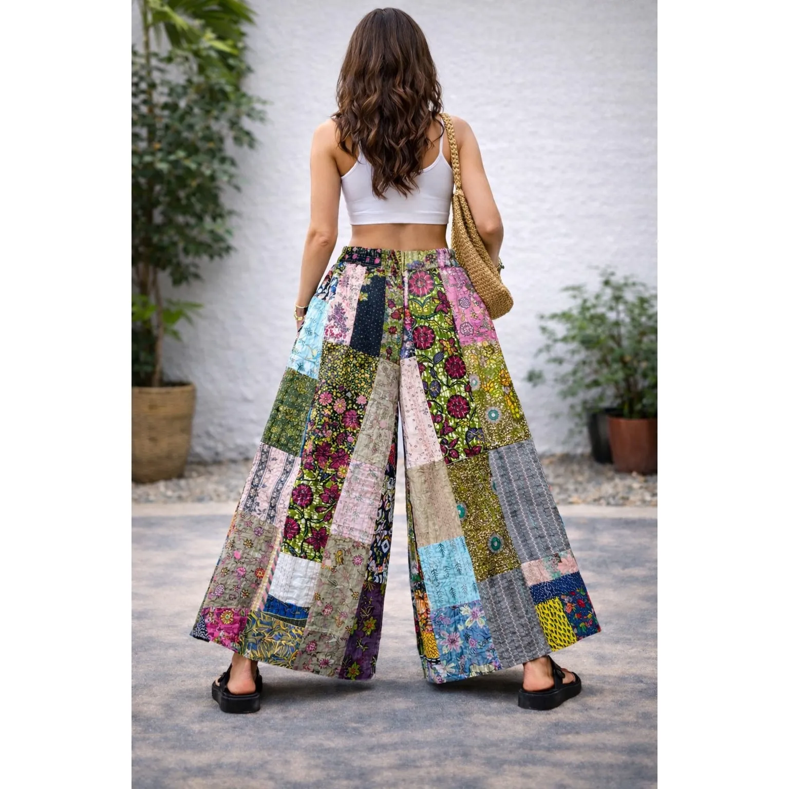 Patchwork Wide Leg Pants Boho Festival Cotton SIZE XL Blue - Image 2