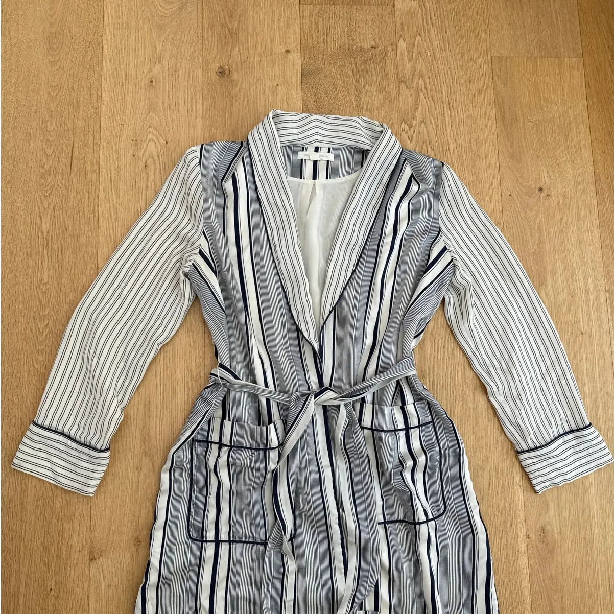 Jonathan Simkhai Duster Robe 100% Silk Stripes Size L Cream Blue - Image 2