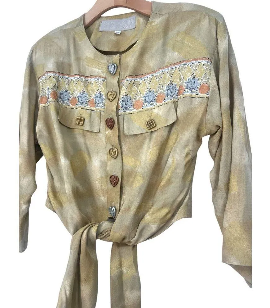 Vintage 90's | S | Cropped Tie Front Blazer Top Sun Moon Kitty Buttons - Image 2