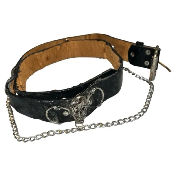 Black leather belt with goth skull and chain design… unisex Gray - Image 6