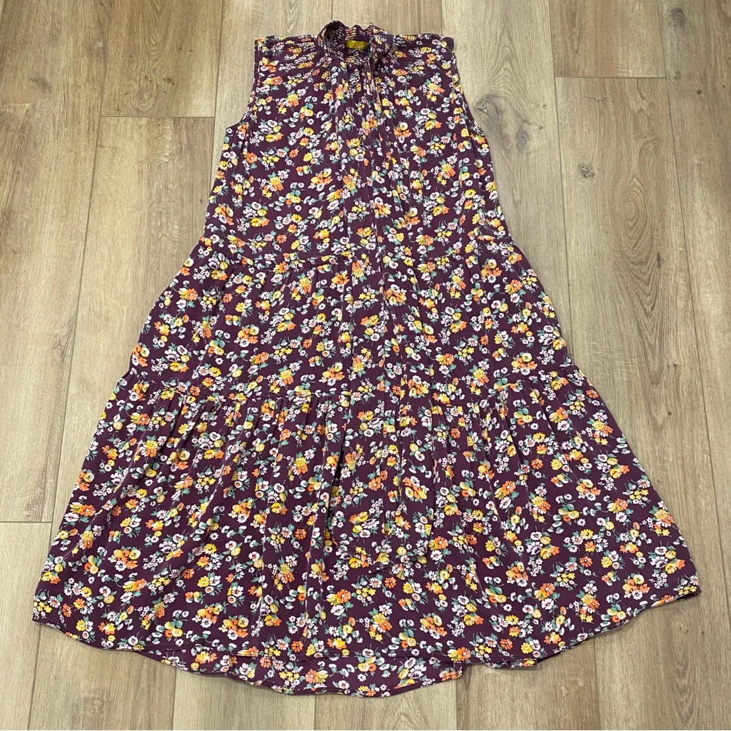 🌟POLO RALPH LAUREN🌟 SILK TIERED FLORAL PRINT TIE NECK MIDI DRESS MAROON SZ M - Image 8