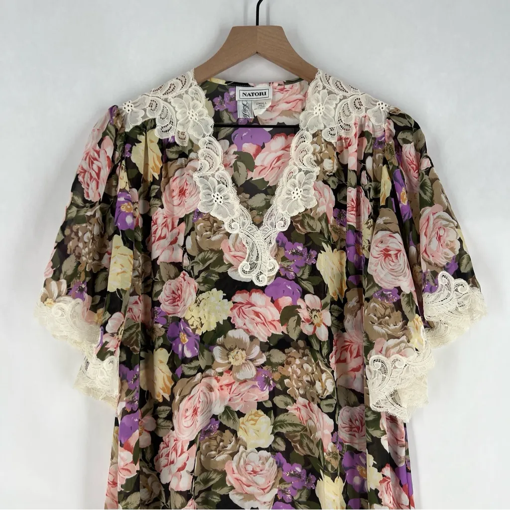 Natori Vintage Floral Semi Sheer Nightgown Dress‎ Lace Detail Long Maxi Kimono S - Image 3