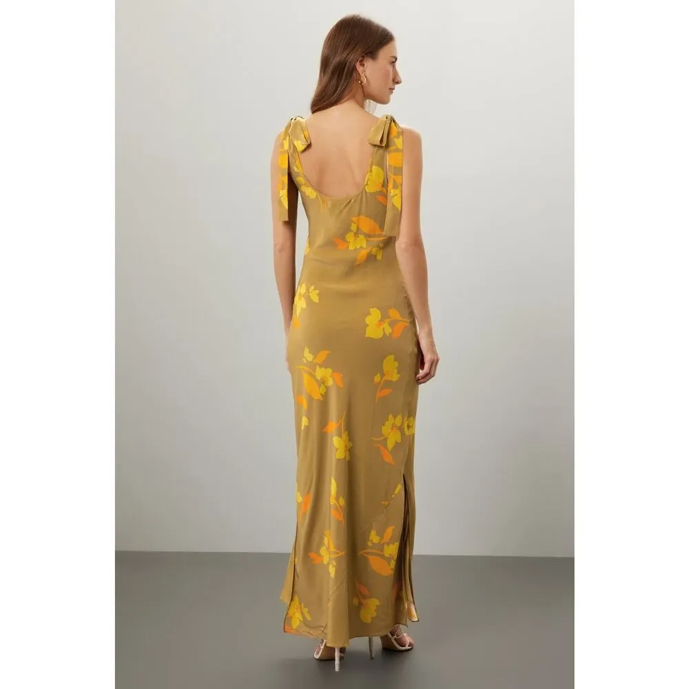 Soleil Soleil Ines Floral Print Tie Strap Golden Silk Maxi Dress Size 6 Yellow - Image 3
