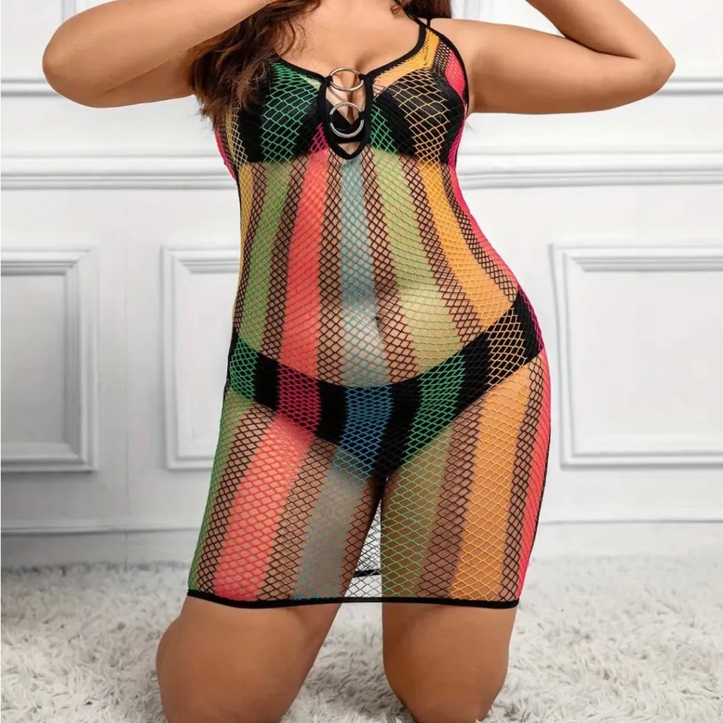 Plus Size Sexy Lingerie Dress ‎ Rainbow Striped Ring Decor Halter Neck Slim Fit - Image 9