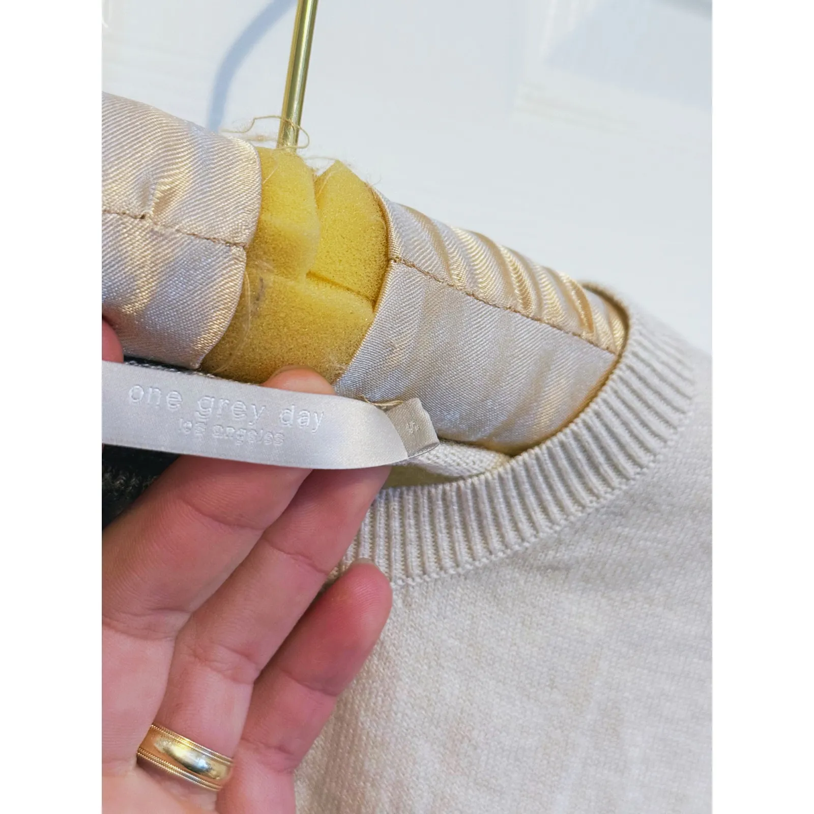 One Grey Day Quiet Luxury Wool Pearl Button Sweater S Two Tone Cream Old Money Gray - Image 7