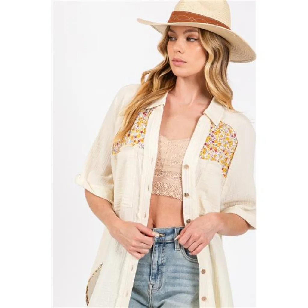 NWT SAGE + FIG‎ Full Size Floral Detail Button Up Short Sleeve Shirt - Image 4