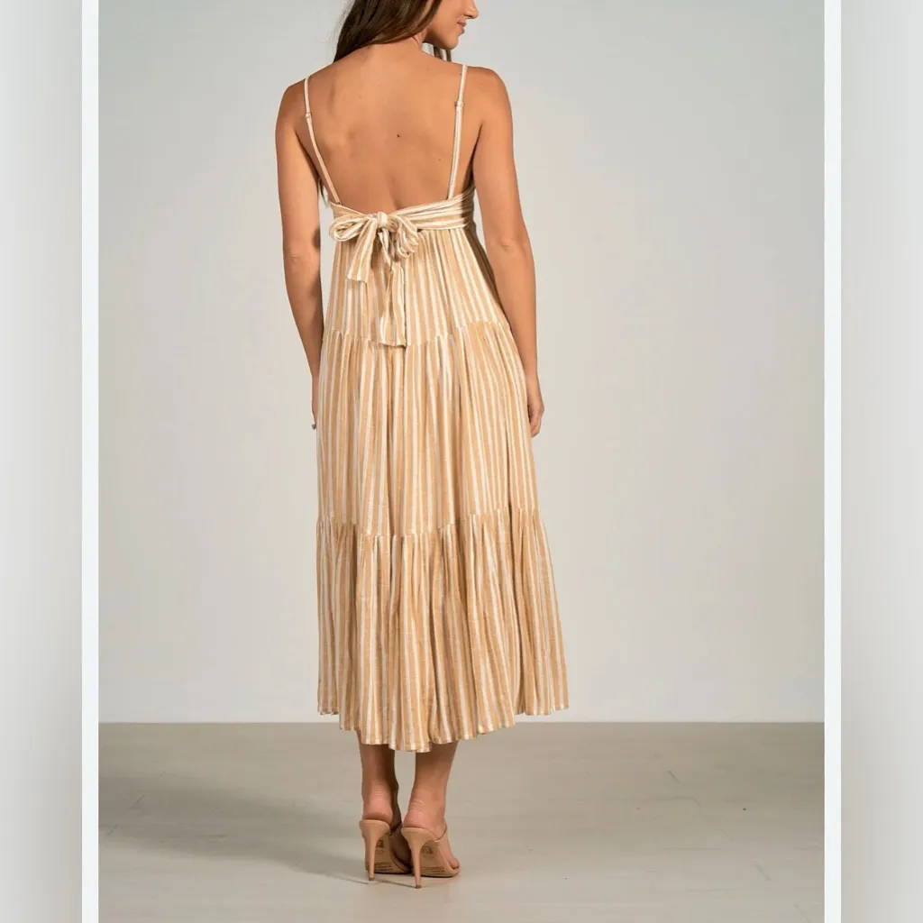 NWT Elan Curry Stripe Linen Blend Midi Dress in Tan and Cream Stripe Size M - Image 2