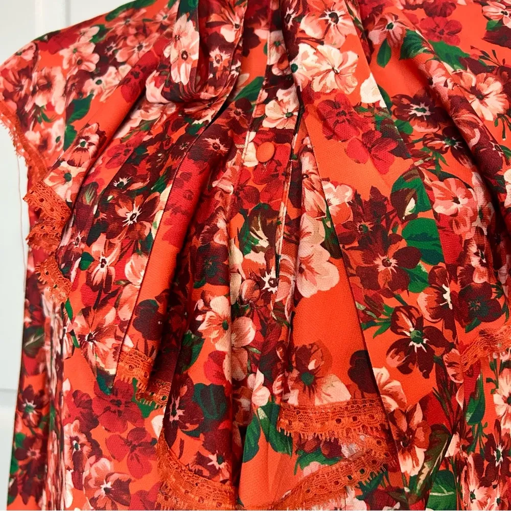 New York & Company Long Sleeve Floral Ruffle Bell Sleeve Blouse Orange - Image 4