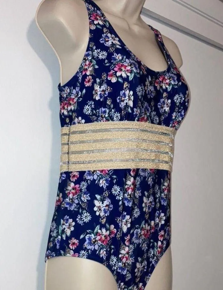 Nicole Miller Trim Torso One Piece Swimsuit Blue Floral Women’s Medium M - Image 5