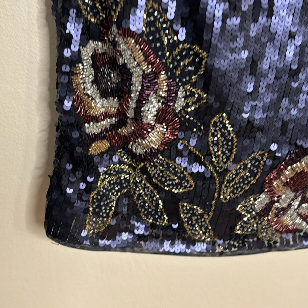 Mac Duggal SEQUINED ASYMMETRICAL FLORAL LONG SLEEVE MIDI DRESS in midnight - Image 7