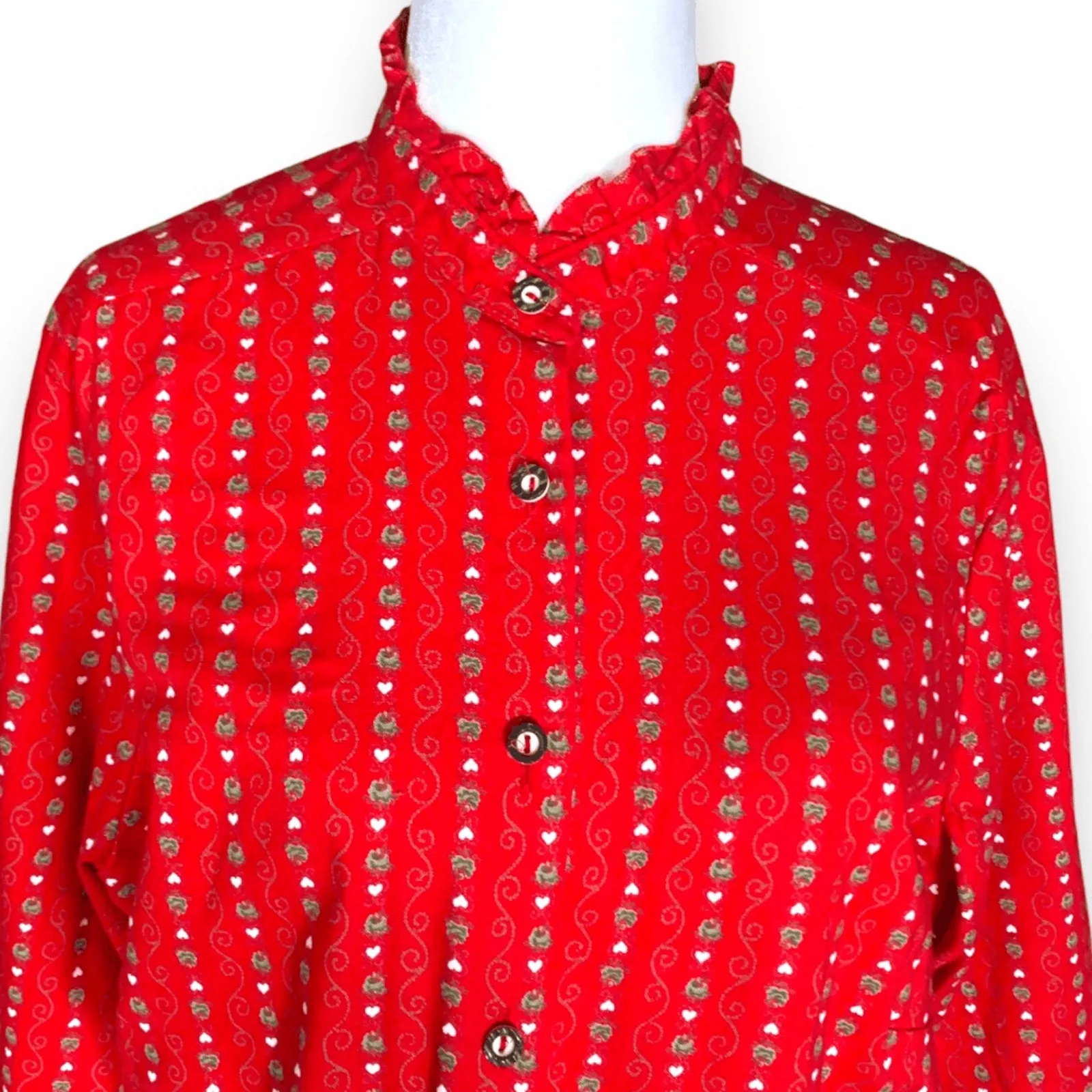 Vintage Red Heart Print Cotton Button Front Blouse German Folk Art Valentines Size L - Image 2