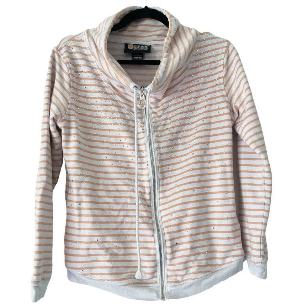 Christine Alexander Rhinestone Studded Striped Full Zip Sweatshirt Sz Small White - Image 2