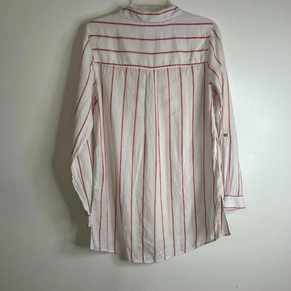 C&C California Tunic Long Sleeve Linen Top White Red Stripes 3/4 Button Front M - Image 3
