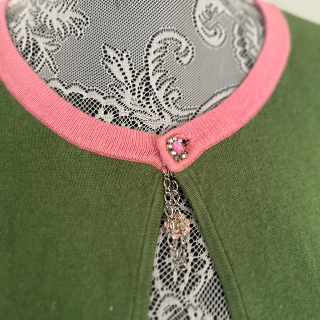 ECI New York Sz: XL Green/ Pink Silk Angora Open Cardigan w/ Pockets Bows Jewel. - Image 11