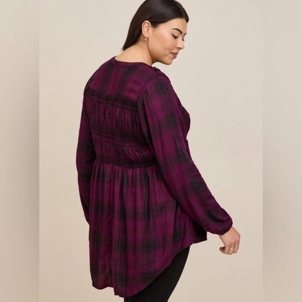 Torrid Sz 1 Rayon Twill Smocked Button-Front Tunic Top Plaid Purple - Image 11