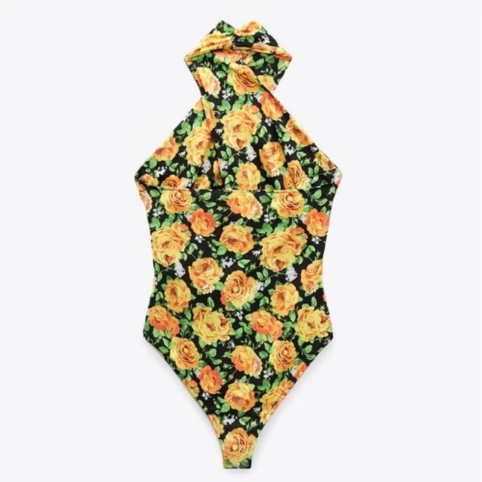 NWT Zara Bodysuit Womens L Yellow Floral Halter Neck Backless Boho Feminine - Image 4