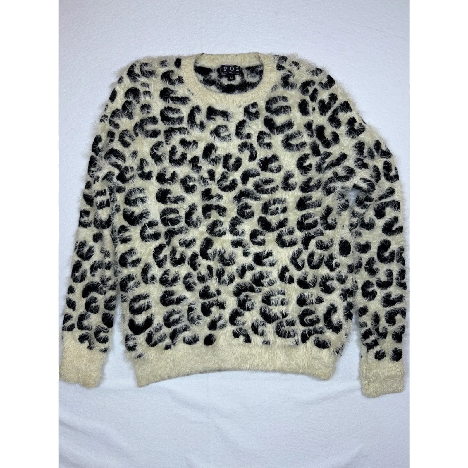 POL Anthropologie Leopard Fuzzy Sweater Cream Black Long Sleeve Crew Neck Size M - Image 2