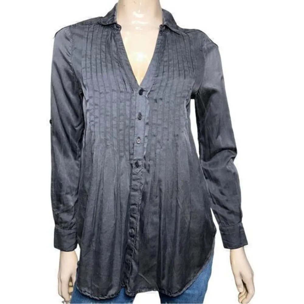CP Shades Womens Size XS Black Cotton Silk Pin Tuck Front Back Button Down Shirt - Image 2