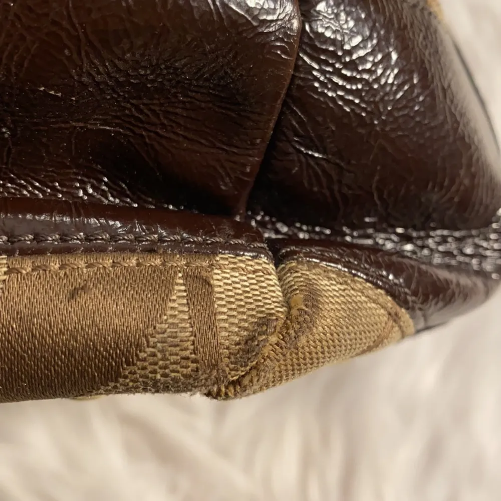 Signature Brown Jacquard and Patent Leather Stripe Satchel - Image 12