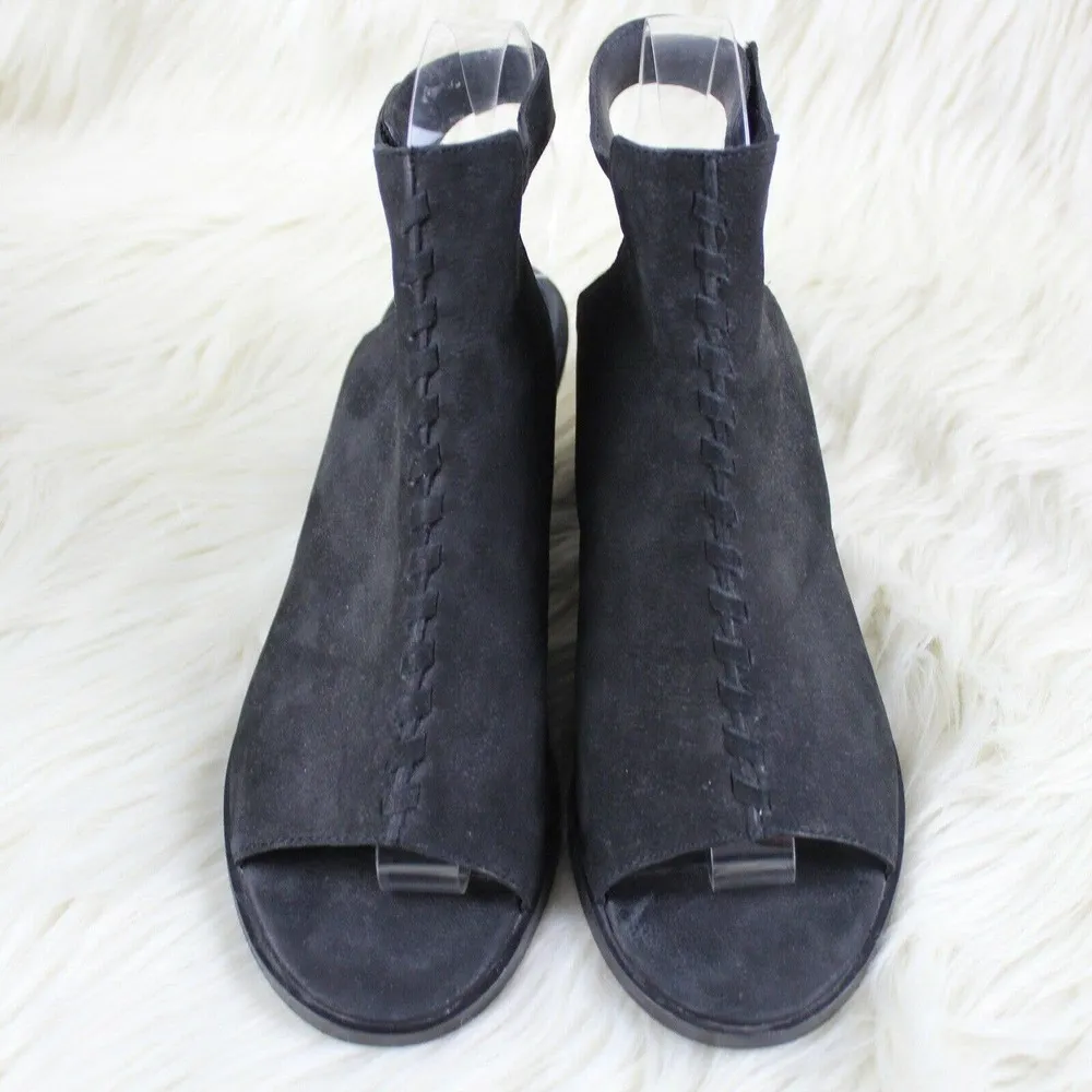 Eileen Fisher Pagoda Heel Sandals Black Tumbled Nubuck Whipstitch Slingback 6.5 - Image 4