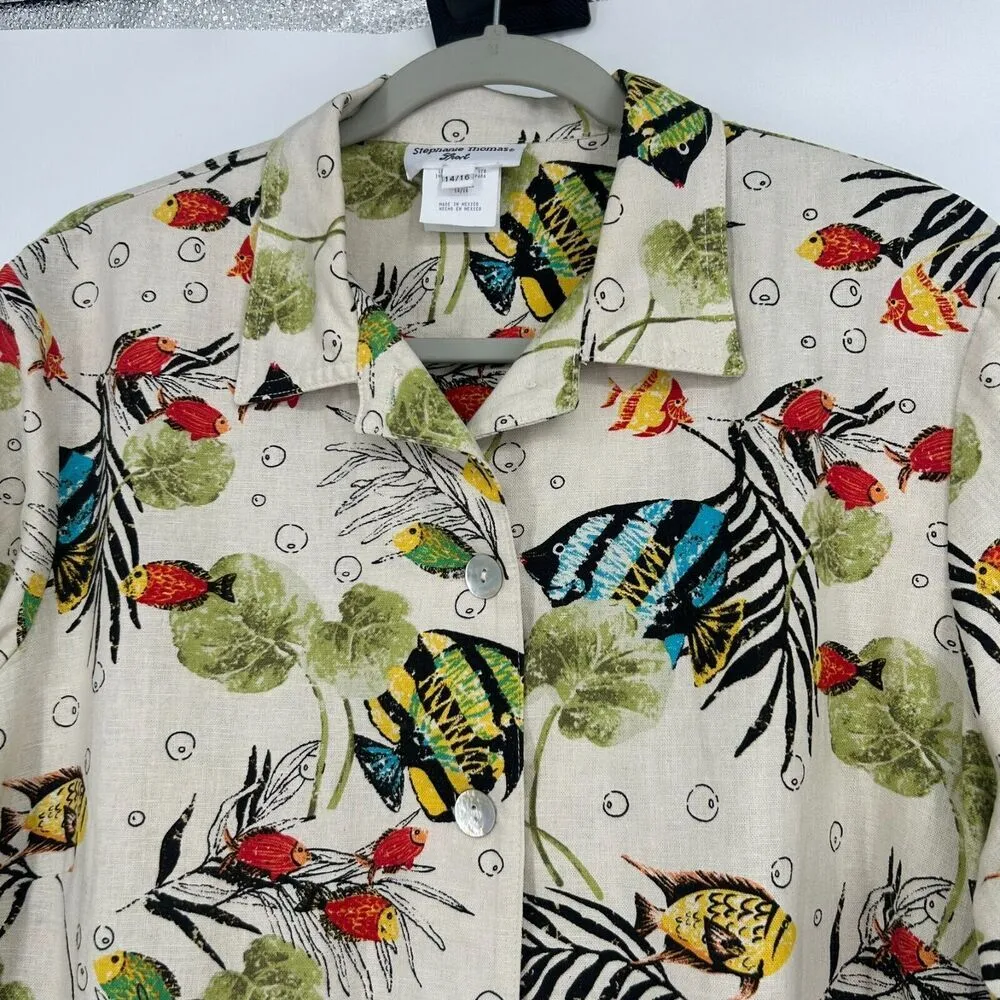 Vintage Stephanie Thomas Linen Blend Jacket Shacket Fish Print Button Up 14/16 - Image 2