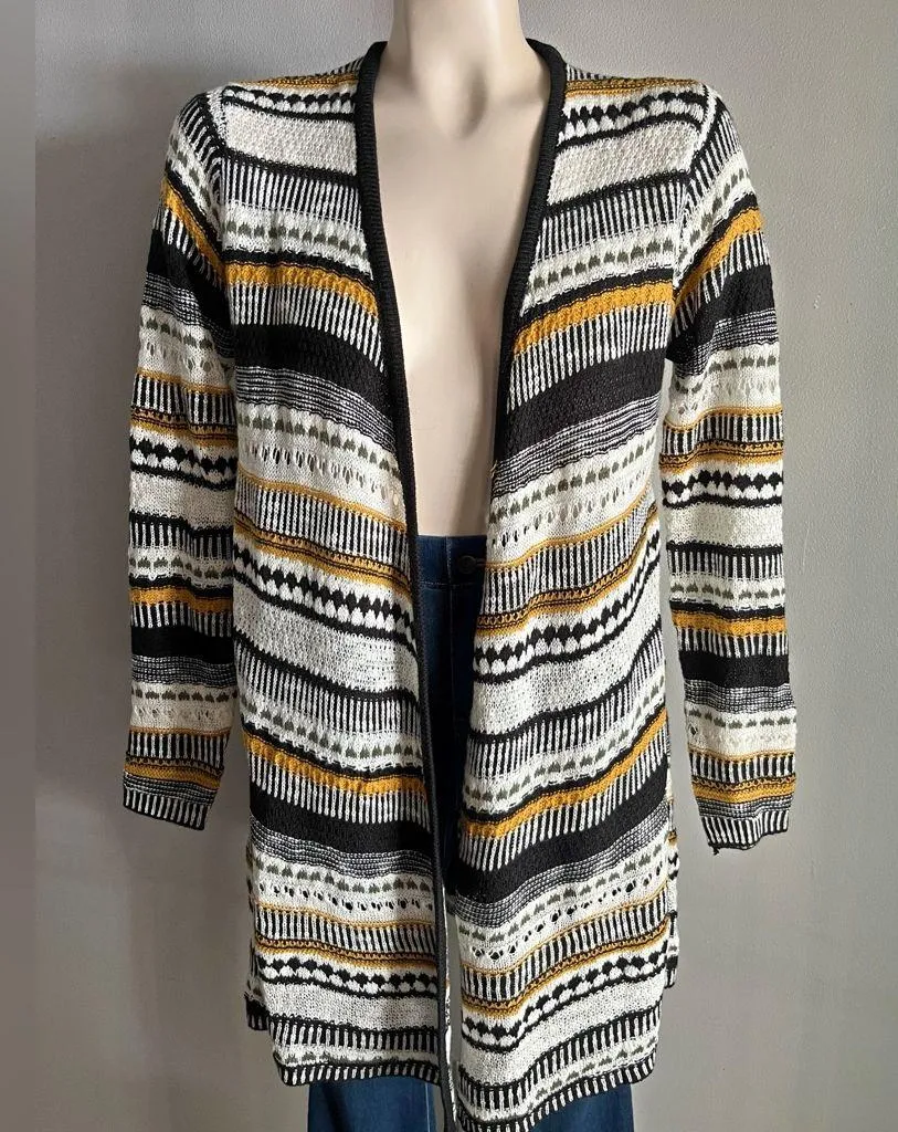 INC International Concepts Open Front Knit Cardigan Sweater Black Gold Tribal Size L - Image 1