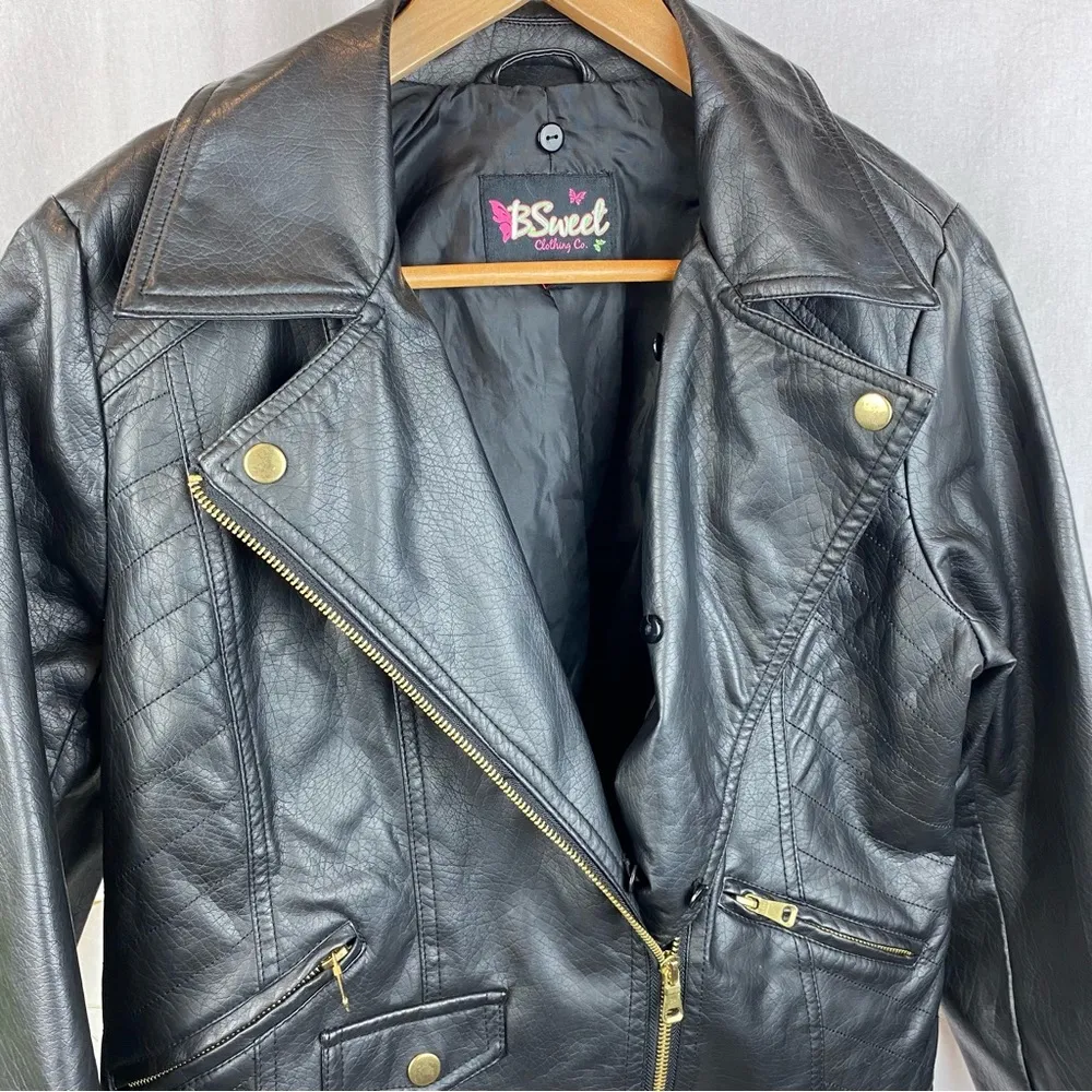 B Sweet Black Faux Vegan Leather Cropped Moto Zip Cropped Jacket L Size L - Image 3