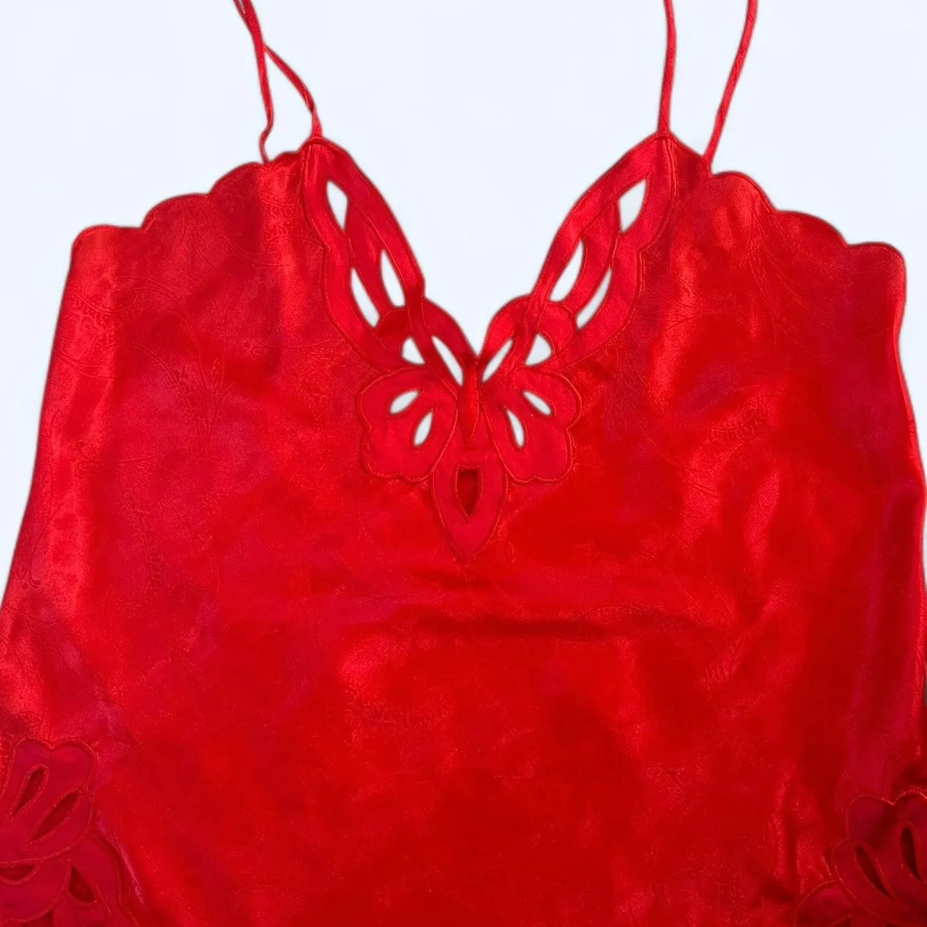 Vintage Natori Red Satin Scalloped Bodysuit Lace Sexy Coquette Flirty Glam Small - Image 6
