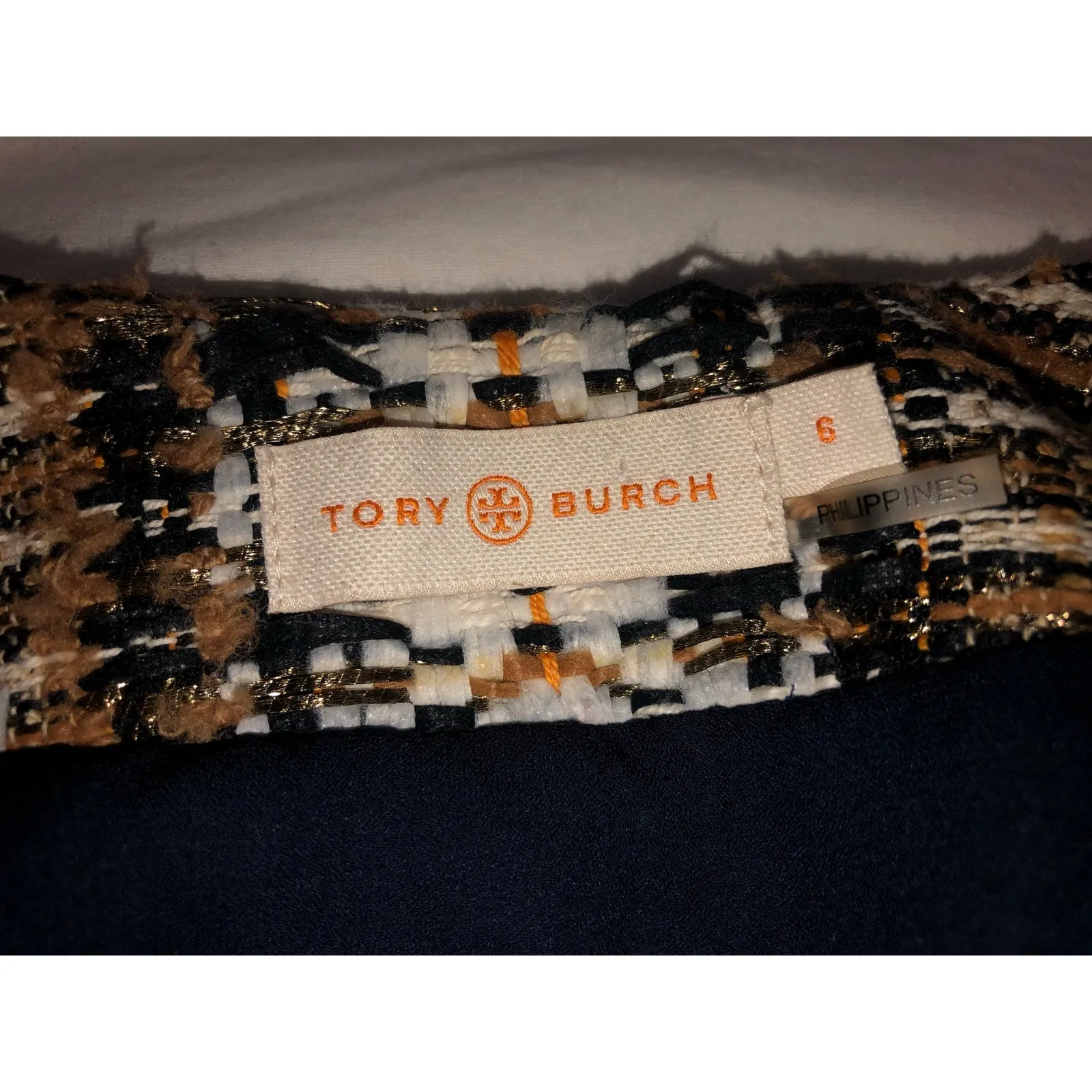 Tory Burch Jessica Tweed Jacket Size 6 Blazer Hidden Snaps Fringe Brown Black - Image 2