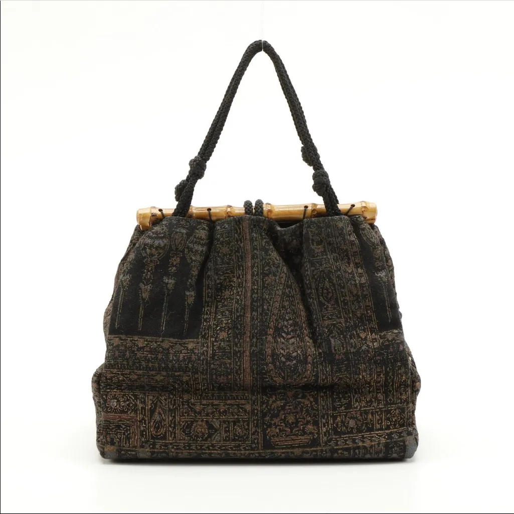 VINTAGE CIRCA 1970'S HANDMADE BROWN AND NEUTRALS FOLIATE BAMBOO HANDLE TOTE - Image 3