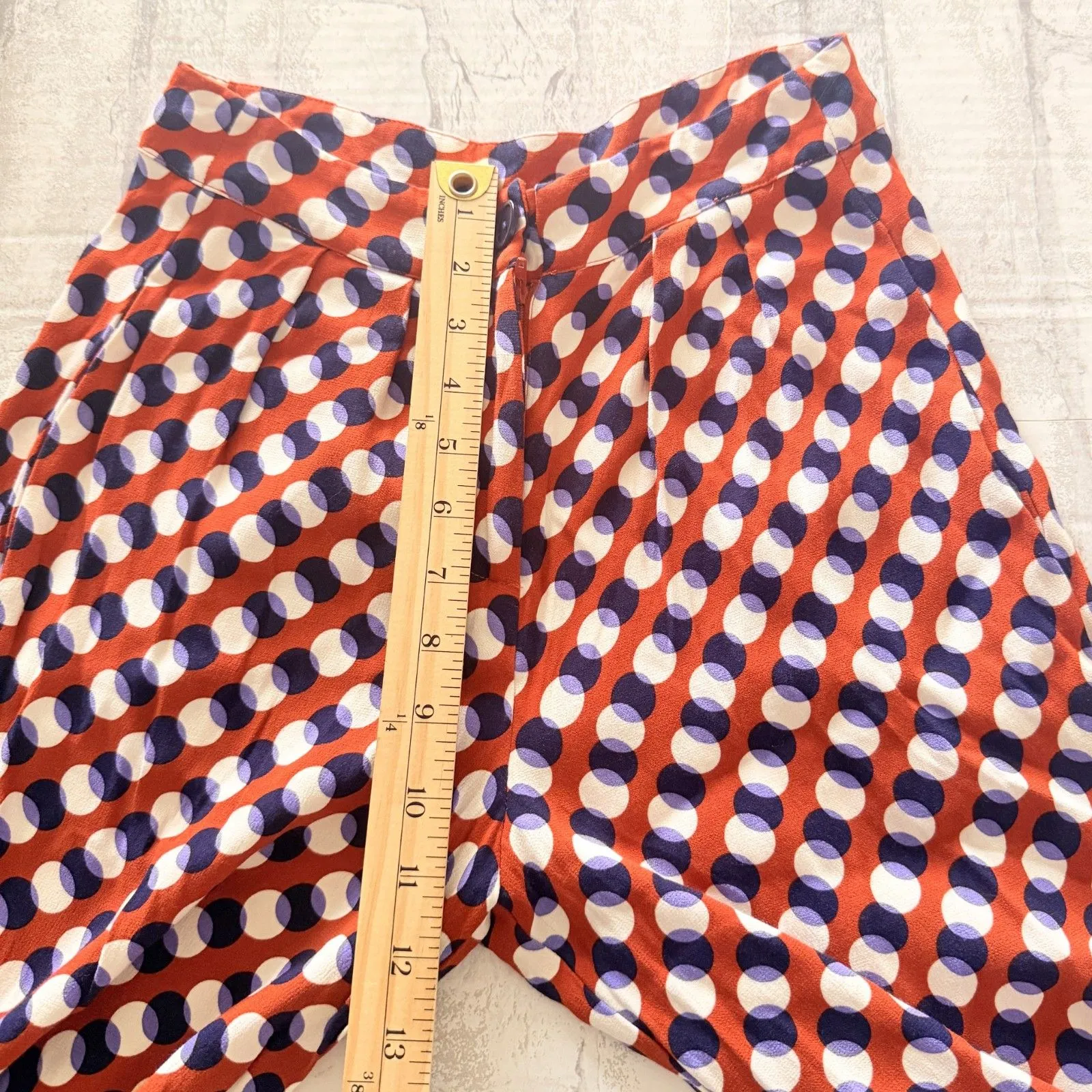 Corey Lynn Calter Flowy Pleated Pants Bold Print Wide Leg Rayon Trousers Sz XS Brown - Image 7