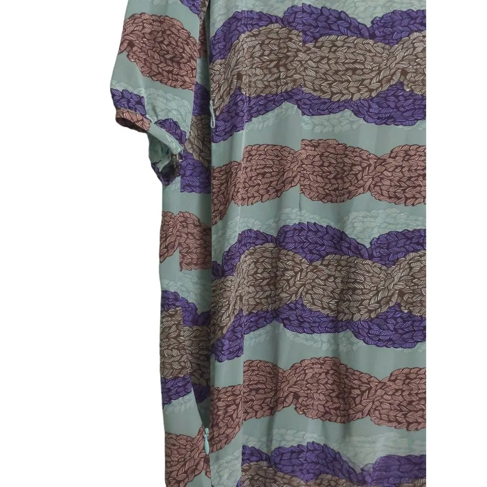 Tucker Womens Shift Dress Green Abstract 100% Silk Ruffles 3/4 Sleeve USA Boho S - Image 4