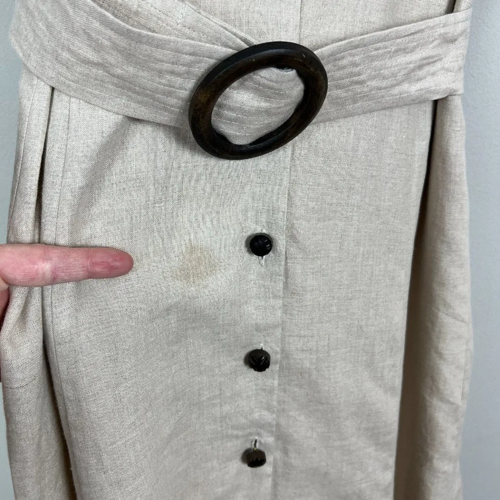 Charter Club Shirt Dress 12 Beige 100% Linen Midi Button Up‎ Belted Short Sleeve - Image 7